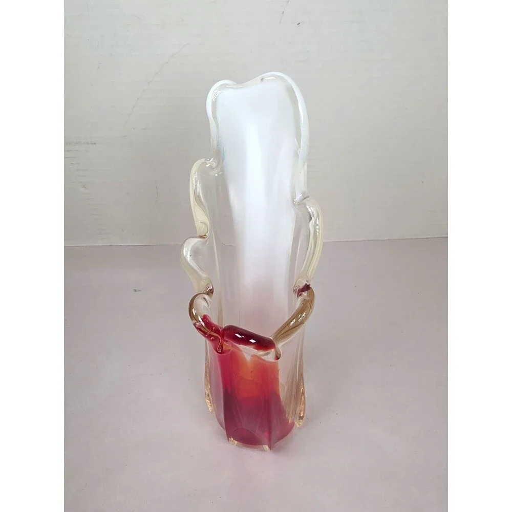Vintage Murano Style Red Clear White Art Glass Bud Vase 9